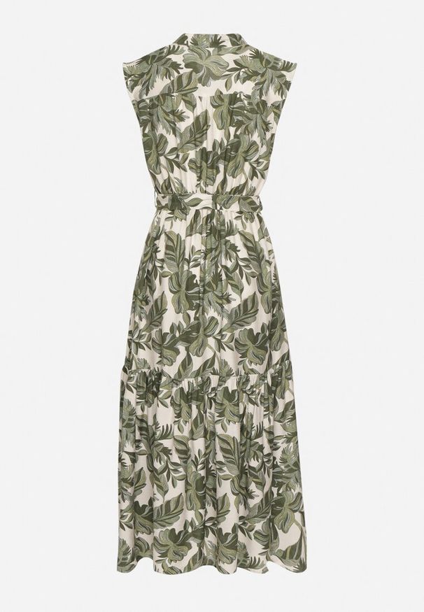 Born2be - Zielona Rozkloszowana Sukienka Bez Rękawów z Wiskozy z Wiązanym Paskiem Reviosae. Okazja: na co dzień. Typ kołnierza: dekolt w serek. Kolor: zielony. Materiał: wiskoza. Długość rękawa: bez rękawów. Typ sukienki: rozkloszowane. Styl: klasyczny, casual