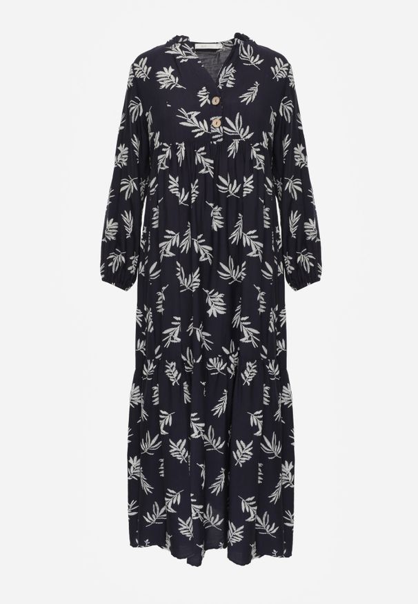 Renee - Niebieska Wiskozowa Sukienka o Rozkloszowanym Kroju z Guzikami przy Dekolcie Seave. Okazja: na co dzień. Kolor: niebieski. Materiał: wiskoza. Wzór: nadruk. Typ sukienki: rozkloszowane, oversize. Styl: boho, casual