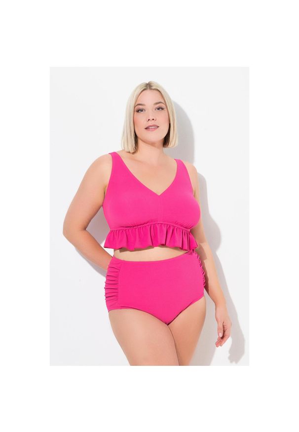 ULLA POPKEN - Damskie Bikini faktura falbana miękkie miseczki regulowane ramiączka. Kolekcja: plus size. Kolor: różowy. Materiał: elastan, poliester, materiał