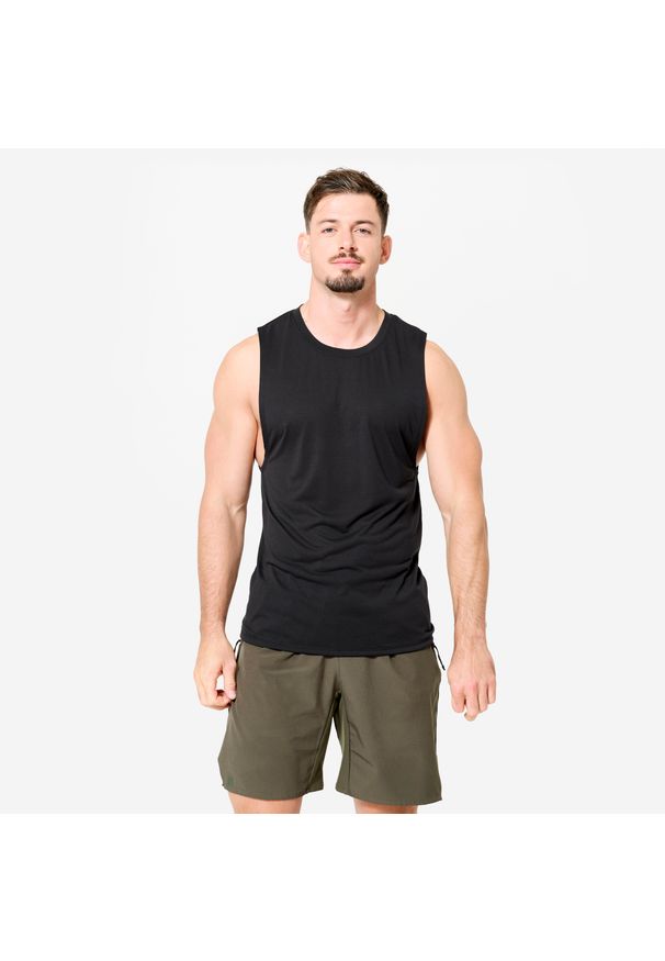 DOMYOS - Koszulka fitness męska Domyos bez rękawów. Kolor: czarny. Materiał: poliester, wiskoza, materiał. Długość rękawa: bez rękawów. Styl: sportowy