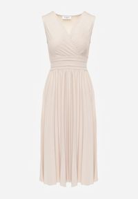 Born2be - Beżowa Sukienka Midi Bez Rękawów z Plisowanym Dołem Dreana. Kolor: beżowy. Długość rękawa: bez rękawów. Styl: elegancki. Długość: midi #7