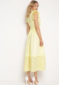 Born2be - Żółta Sukienka Ażurowa o Koszulowym Kroju z Paskiem z Ekoskóry Trija. Okazja: na co dzień, na imprezę. Kolor: żółty. Wzór: ażurowy. Typ sukienki: koszulowe. Styl: casual, elegancki #7
