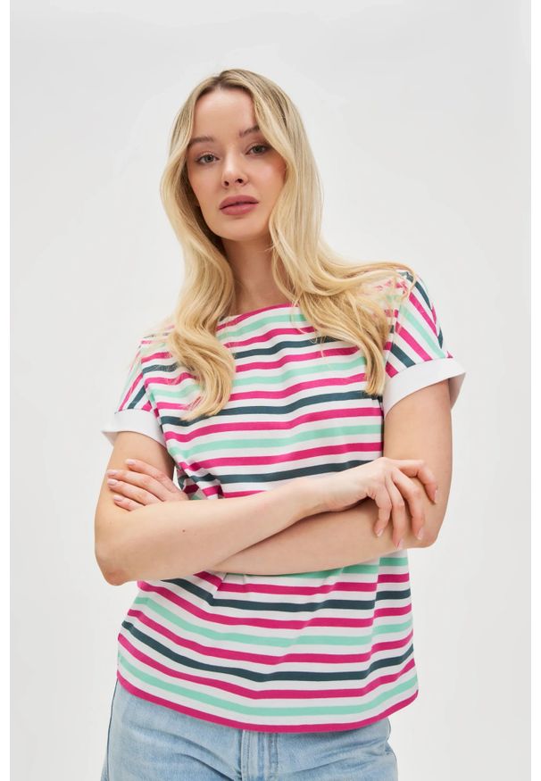 MOODO - T-shirt w paski fuksjowy. Materiał: bawełna, elastan. Wzór: paski