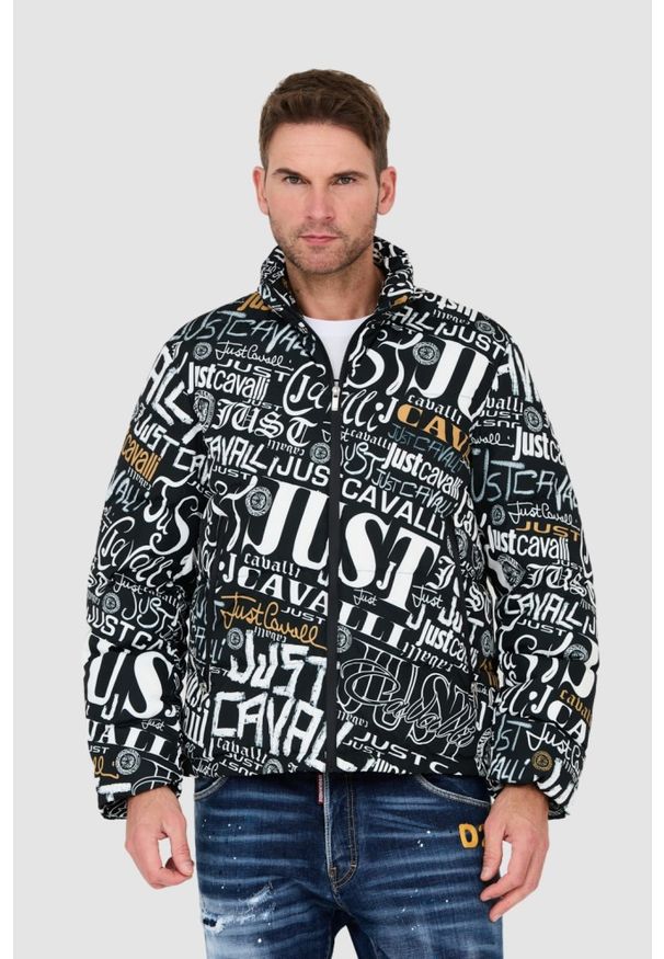 Just Cavalli - JUST CAVALLI Czarna męska kurtka Print Lettering, Rozmiar 50. Kolor: czarny. Wzór: nadruk