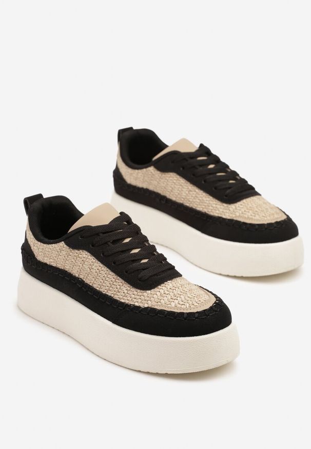 Renee - Czarne Sneakersy na Platformie Ozdobione Plecionką Nilaraviela. Okazja: na co dzień. Kolor: czarny. Materiał: jeans, skóra. Wzór: aplikacja. Obcas: na platformie