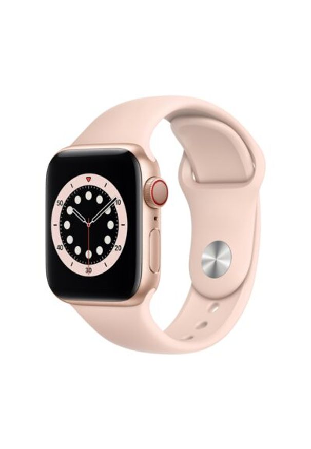 APPLE Watch 6 Cellular 40mm (Złoty z opaską sportową w kolorze różowym). Rodzaj zegarka: smartwatch. Kolor: złoty, wielokolorowy, różowy. Materiał: poliester, nylon, guma, materiał. Styl: sportowy