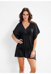 bonprix - Prześwitująca tunika plażowa z dekoltem w serek. Okazja: na plażę. Typ kołnierza: dekolt w serek. Kolor: czarny. Materiał: tkanina. Styl: elegancki #1