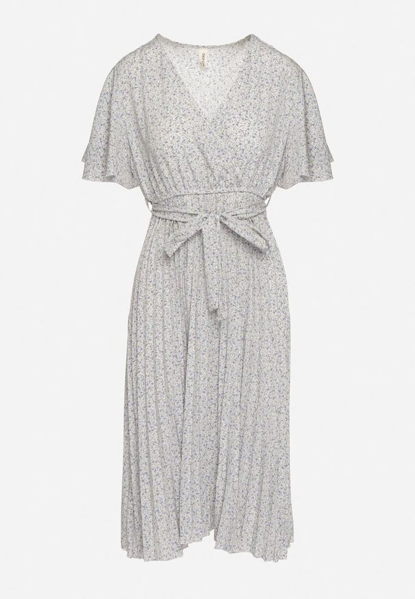 Born2be - Beżowo-Fioletowa Rozkloszowana Sukienka z Gumką w Pasie i Materiałowym Paskiem Prissa. Okazja: na co dzień. Typ kołnierza: dekolt w kształcie V. Kolor: beżowy. Materiał: materiał. Długość rękawa: krótki rękaw. Styl: casual, elegancki