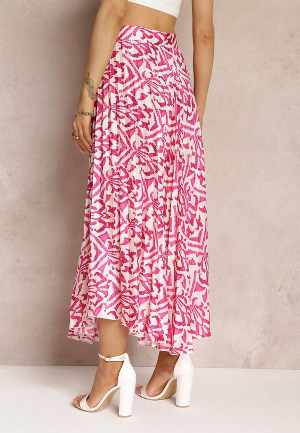 Renee - Fuksjowa Plisowana Spódnica Maxi w Fantazyjny Print Maritha. Kolor: różowy. Materiał: satyna, tkanina. Wzór: nadruk