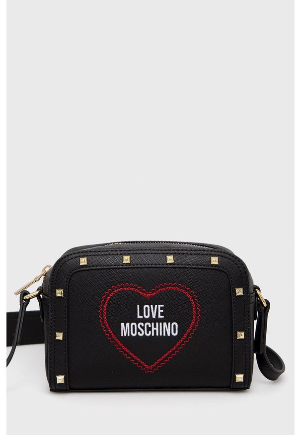 Love Moschino torebka kolor czarny. Kolor: czarny. Wzór: haft. Dodatki: z haftem. Rodzaj torebki: na ramię