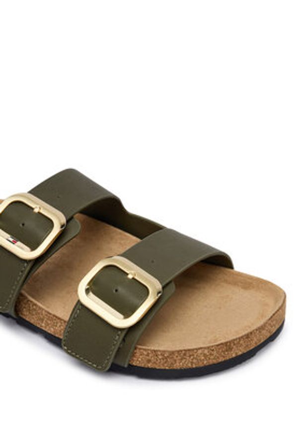TOMMY HILFIGER - Tommy Hilfiger Klapki Leather Double Strap Cork Sandals FW0FW09118 Zielony. Kolor: zielony. Materiał: skóra