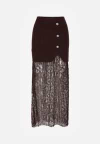 Born2be - Brązowa Dzianinowa Spódnica z Wiskozą Zdobiona Koronką i Guzikami Sewora. Okazja: na co dzień. Kolor: brązowy. Materiał: wiskoza, dzianina, koronka. Wzór: aplikacja, koronka. Styl: casual, klasyczny #7
