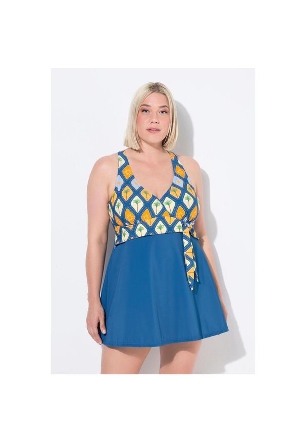 ULLA POPKEN - Damski Strój kąpielowy kokardka miękkie miseczki efekt dekoltu typu halter. Kolekcja: plus size. Kolor: niebieski. Materiał: poliester, elastan, poliamid, materiał