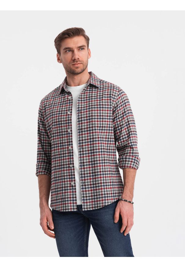 Ombre Clothing - Męska flanelowa koszula w kratę - granatowo-czerwona V3 OM-SHCS-0150 - XXL. Kolor: czerwony. Materiał: bawełna. Styl: klasyczny