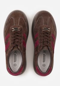 Renee - Brązowe Sneakersy z Zamszu Naturalnego na Platformie Ozdobione Paskami Jiliana. Okazja: na co dzień. Zapięcie: pasek. Kolor: brązowy. Materiał: zamsz. Wzór: aplikacja. Obcas: na platformie #3