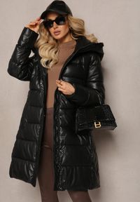 Renee - Czarna Wiskozowa Kurtka z Imitacji Skóry z Ozdobnym Pikowaniem z Paskiem i Kapturem Gersja. Kolor: czarny. Materiał: skóra, wiskoza #3