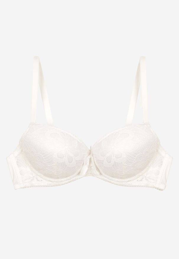 Renee - Jasnobeżowy Biustonosz Push Up z Koronkowym Zdobieniem Ravgis. Kolor: beżowy. Materiał: koronka. Rodzaj stanika: push-up. Wzór: aplikacja