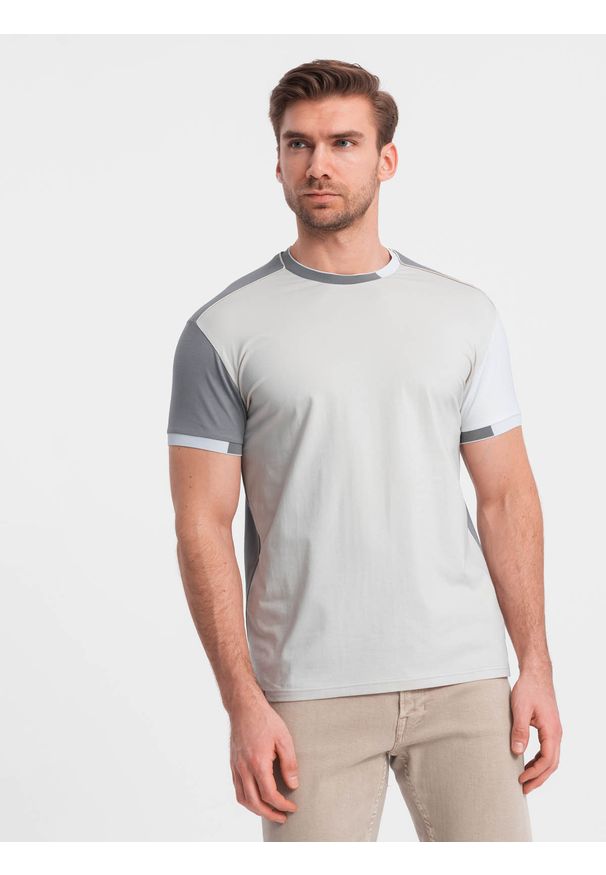 Ombre Clothing - T-shirt męski z elastanem z kolorowymi rękawami - szary V4 - Rozmiar: L. Okazja: na co dzień. Kolor: szary. Materiał: elastan. Wzór: kolorowy. Styl: klasyczny, casual