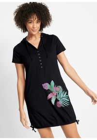 bonprix - Sukienka shirtowa bawełniana, krótki rękaw. Kolor: czarny. Materiał: bawełna. Długość rękawa: krótki rękaw. Wzór: nadruk, kwiaty