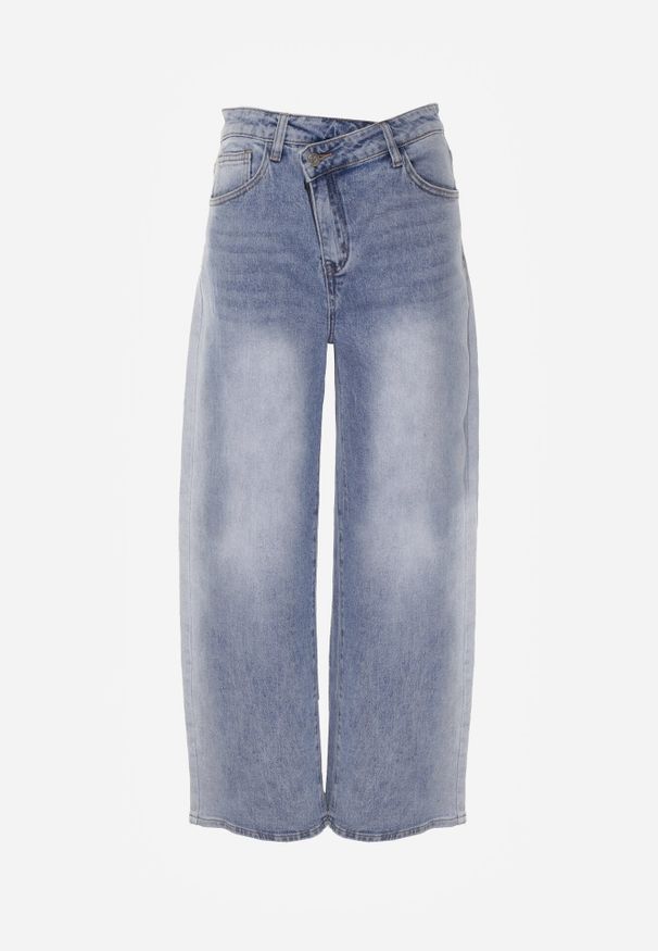 Born2be - Niebieskie Bawełniane Jeansy Balloon z Asymetrycznym Zapięciem i Wysokim Stanem Evile. Okazja: na co dzień. Stan: podwyższony. Kolor: niebieski. Styl: casual, elegancki