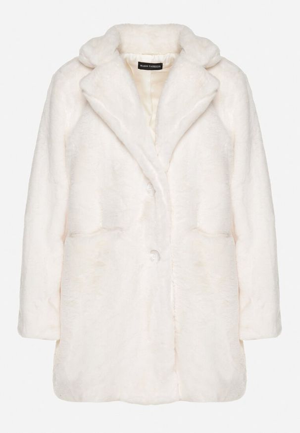 Born2be - Jasnobeżowy Futerkowy Płaszcz Jednorzędowy z Kieszeniami i Eleganckim Kołnierzem Daienna. Kolor: beżowy. Materiał: jeans. Styl: elegancki