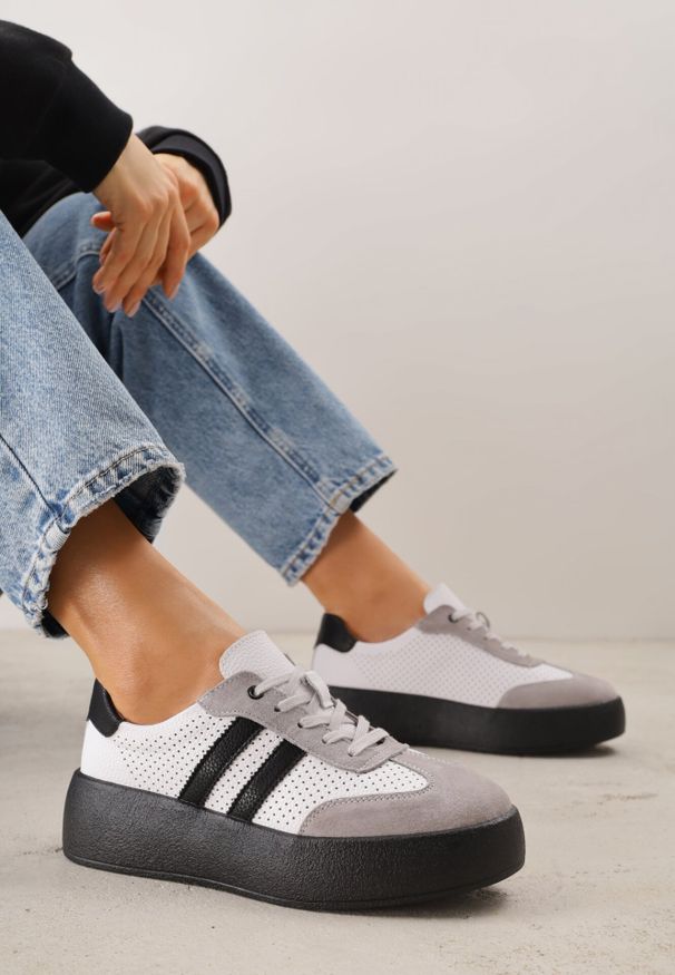 Born2be - Biało-Szare Skórzane Sneakersy na Grubej Podeszwie Ozdobione Paskami i Perforacją Wiefia. Okazja: na co dzień. Zapięcie: pasek. Kolor: biały. Materiał: skóra. Wzór: aplikacja