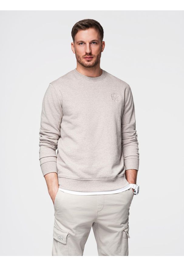 Ombre Clothing - Melanżowa męska bluza dresowa z wyszywanym logotypem – beżowa V2 - Rozmiar: S. Okazja: na co dzień. Kolor: beżowy. Materiał: dresówka. Wzór: melanż. Styl: casual, elegancki