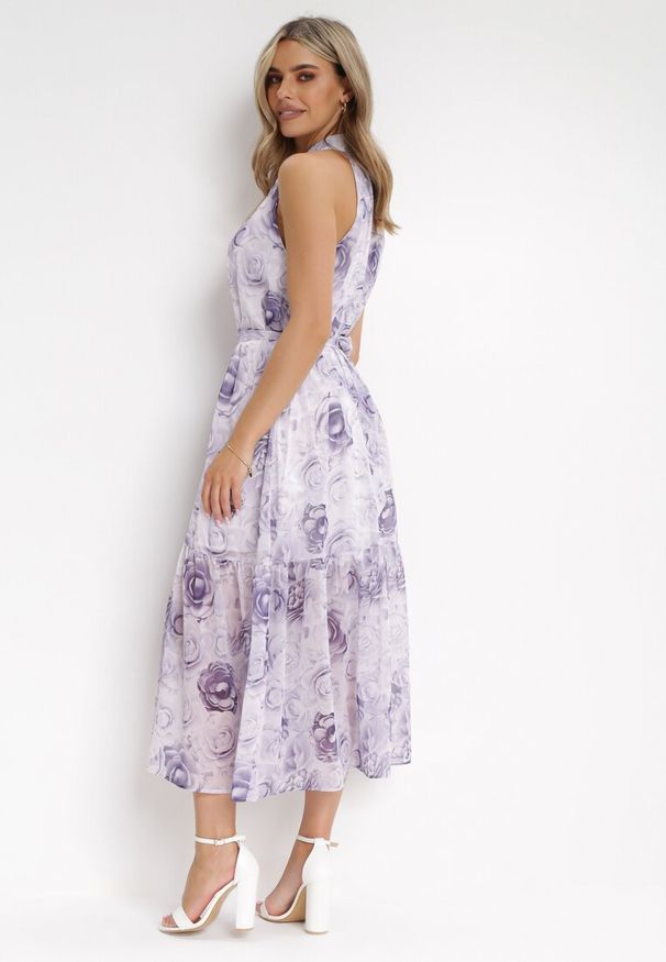 Born2be - Fioletowa Rozkloszowana Sukienka z Materiałowym Paskiem Evanagia. Kolor: fioletowy. Materiał: materiał