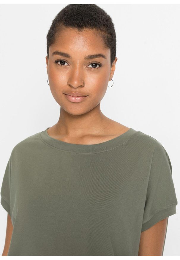 bonprix - Długi shirt z czystej bawełny. Kolor: zielony. Materiał: bawełna. Długość rękawa: krótki rękaw. Długość: długie
