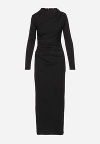 Born2be - Czarna Dopasowana Sukienka Koktajlowa z Modnym Drapowaniem i Rozcięciem Faeridae. Kolor: czarny. Styl: wizytowy #2