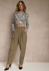 Renee - Ciemnobeżowe Spodnie High Waist z Bawełny o Szerokim Kroju Nalitia. Okazja: na co dzień. Stan: podwyższony. Kolor: beżowy. Materiał: bawełna. Styl: casual #3