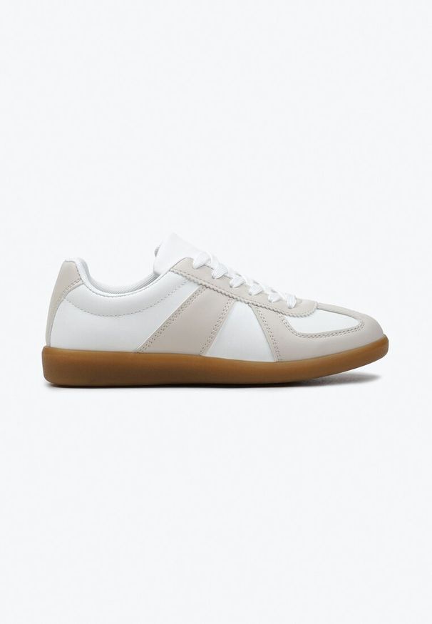 Renee - Beżowo-Białe Sneakersy Tenisówki z Ozdobnymi Przeszyciami Sumina. Nosek buta: okrągły. Kolor: beżowy. Materiał: materiał. Obcas: na obcasie. Wysokość obcasa: niski