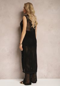 Renee - Czarna Długa Bluzka w Stylu Ażurowej Narzutki z Rozcięciem z Przodu Corita. Okazja: na plażę, na co dzień. Kolor: czarny. Materiał: jeans. Długość: długie. Wzór: ażurowy. Styl: casual