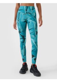 4f - 4F Legginsy treningowe z wysokim stanem damskie - turkusowe XL. Stan: podwyższony. Kolor: turkusowy. Materiał: dzianina, włókno, syntetyk, materiał, elastan. Wzór: gładki, nadruk, ze splotem. Sport: fitness