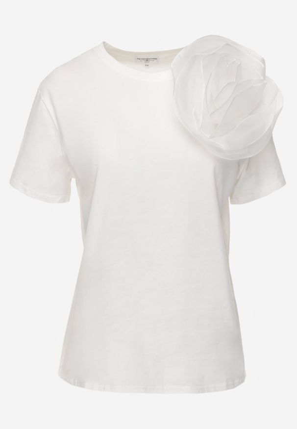 Renee - Biały Bawełniany T-shirt z Krótkim Rękawem i Ozdobnym Kwiatem Krissas. Okazja: na co dzień, na spotkanie biznesowe, do pracy. Kolor: biały. Materiał: bawełna. Długość rękawa: krótki rękaw. Długość: krótkie. Wzór: kwiaty. Styl: casual, biznesowy, elegancki