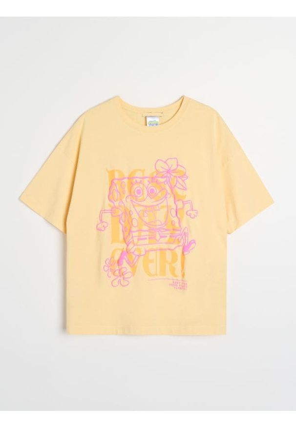 Sinsay - Bawełniana koszulka z nadrukiem SpongeBob - żółty. Kolor: żółty. Materiał: bawełna. Wzór: nadruk