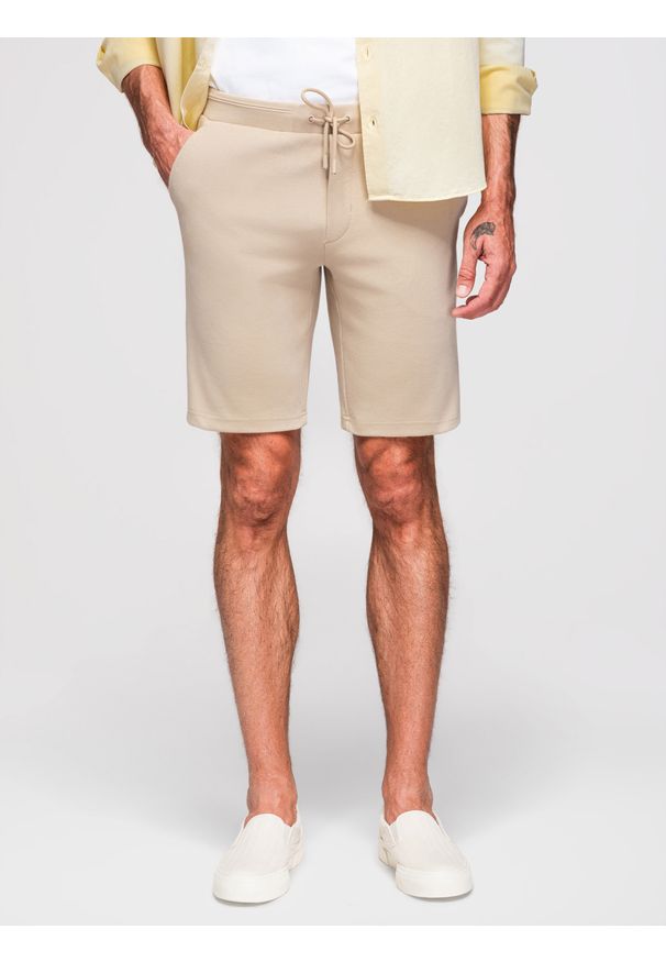 Ombre Clothing - Casualowe szorty męskie SLIM FIT z dzianiny żakardowej – beżowe V2 - Rozmiar: XL. Okazja: na co dzień. Kolor: beżowy. Materiał: żakard, dzianina. Styl: casual