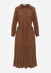 Born2be - Brązowa Bawełniano-Wiskozowa Sukienka Koszulowa z Imitacją Kieszeni Biriala. Okazja: na co dzień. Kolor: brązowy. Materiał: wiskoza, bawełna. Typ sukienki: koszulowe. Styl: casual, elegancki, klasyczny #5