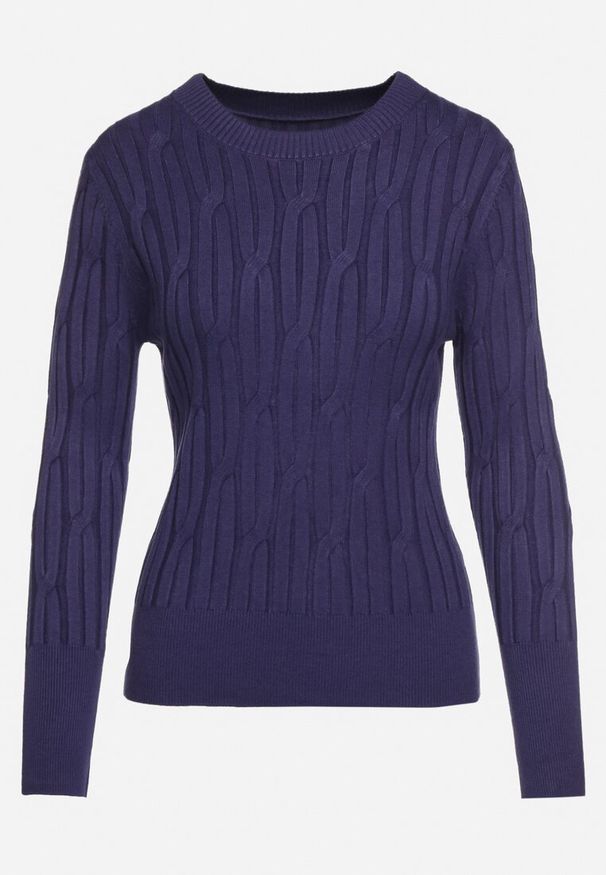 Born2be - Granatowy Sweter z Wiskozą Ozdobiony Tłoczeniem Savinia. Okazja: na spotkanie biznesowe, na co dzień. Kolor: niebieski. Materiał: wiskoza. Wzór: aplikacja. Styl: biznesowy, elegancki, casual