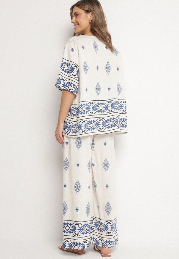 Born2be - Beżowo-Niebieski Wiskozowy Komplet w Stylu Boho Szerokie Spodnie i Bluzka T-shirt Sarilorae. Kolor: niebieski. Materiał: wiskoza