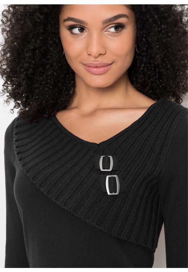 bonprix - Cienki sweter z bawełną. Kolor: czarny. Materiał: dzianina, bawełna. Wzór: gładki, ze splotem