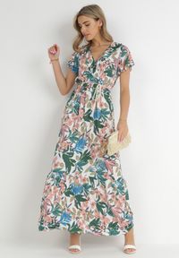 Born2be - Biało-Zielona Sukienka w Kwiaty z Wiskozy z Kopertowym Dekoltem Narma. Typ kołnierza: dekolt kopertowy. Kolor: biały. Materiał: wiskoza. Długość rękawa: krótki rękaw. Wzór: kwiaty. Typ sukienki: kopertowe. Długość: maxi #5