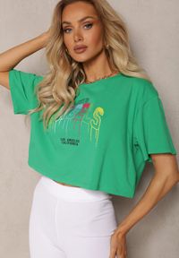 Renee - Zielony Bawełniany T-shirt Crop Top z Ozdobną Aplikacją Axindra. Kolor: zielony. Materiał: bawełna. Wzór: aplikacja