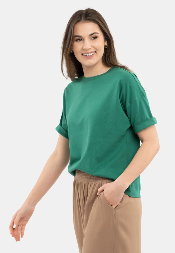 Volcano - Bawełniany t-shirt, Comfort Fit, T-FLAME. Kolor: zielony. Materiał: bawełna. Długość rękawa: krótki rękaw. Długość: krótkie