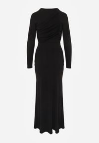 Born2be - Czarna Wieczorowa Sukienka Zdobiona Marszczeniem i Cyrkoniową Aplikacją Thelxienara. Okazja: na wesele, na ślub cywilny, na imprezę. Kolor: czarny. Materiał: materiał. Wzór: aplikacja. Styl: wizytowy #2