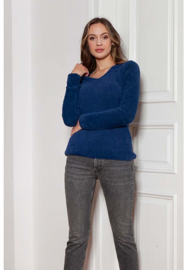 Lanti - Sweter z Dekoltem w Szpic - Granatowy. Kolor: niebieski. Materiał: poliamid