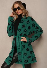 Renee - Zielony Kardigan z Wiązanym Paskiem Ozdobiony Wzorem w Kwiaty Timonen. Kolor: zielony. Materiał: dzianina, materiał, tkanina. Wzór: aplikacja, kwiaty #3