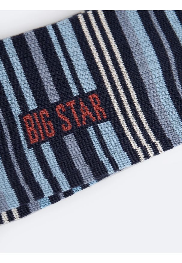 Big-Star - Skarpety męskie długie w kolorowe paski granatowe Linero 404. Kolor: niebieski. Materiał: bawełna. Wzór: paski, kolorowy
