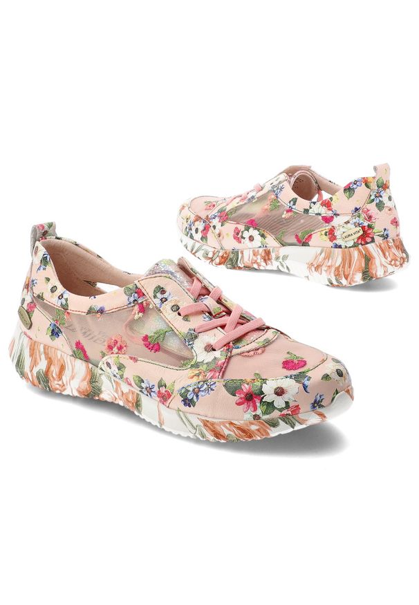 Sneakersy damskie Laura Vita, cholewka ze skóry naturalnej klasyczne sznurowanie płaska podeszwa, różowe, Joctao 26 SL3015-26D. Okazja: na co dzień. Zapięcie: sznurówki. Kolor: różowy. Materiał: skóra. Szerokość cholewki: normalna. Wzór: nadruk, kwiaty. Obcas: na płaskiej podeszwie. Styl: klasyczny