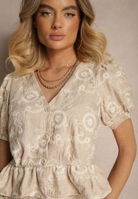 Renee - Beżowa Bluzka z Bawełny Ozdobiona Haftem Talseli. Okazja: na co dzień. Kolor: beżowy. Materiał: bawełna. Wzór: aplikacja, haft. Styl: casual #3